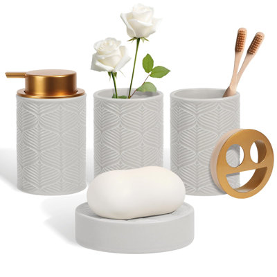 Ceramic Bathroom Accessories Set, 4 Pcs-includes Lotion Soap Dispenser, Toothbrush Holder, Vanity Tray, And Tumbler, Modern Bathroom Decor Organizer With Soap Dish, Apothecary Jar