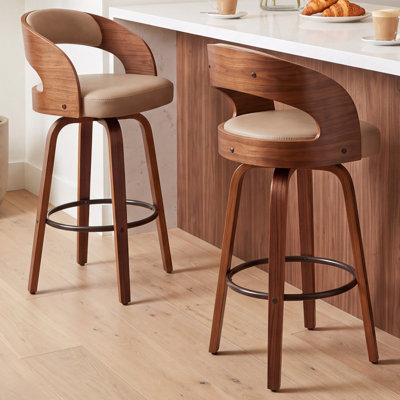 26" Modern Swivel Counter Stool with Bentwood Frame Leather Upholstery