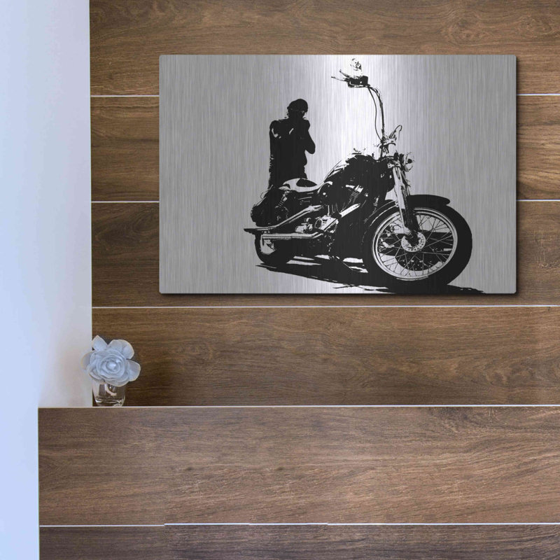 «Harley Davidson and Rider» par Clive Branson - impression sans cadre sur métal, H 12 po x l 16 po x P 0,13 po