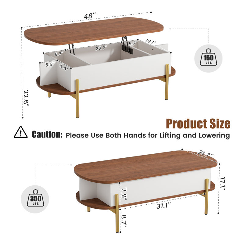 Molter 48" Oval Lift Top Coffee Table With Storage Open Shelf Living Room, Brown/White/Gold