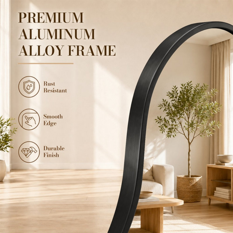 Miroir sur pied asymétrique moderne en forme d'arche, 60 cm × 160 cm, avec un cadre décoratif élégant. Miroir idéal pour la chambre, la coiffeuse, le salon et la décoration intérieure moderne.