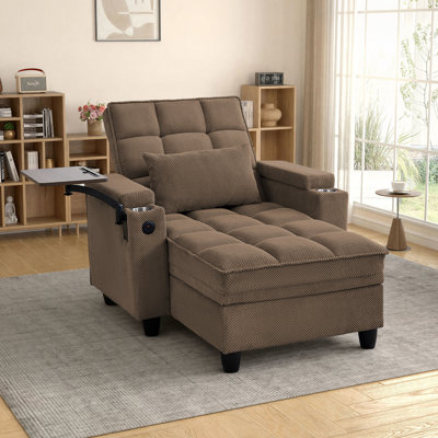 Convertible Chaise Lounge Chair Single Sleeper with USB&Type-C, 2 Cup Holders, Side Table, Under-seat Storage&Storage Armrests