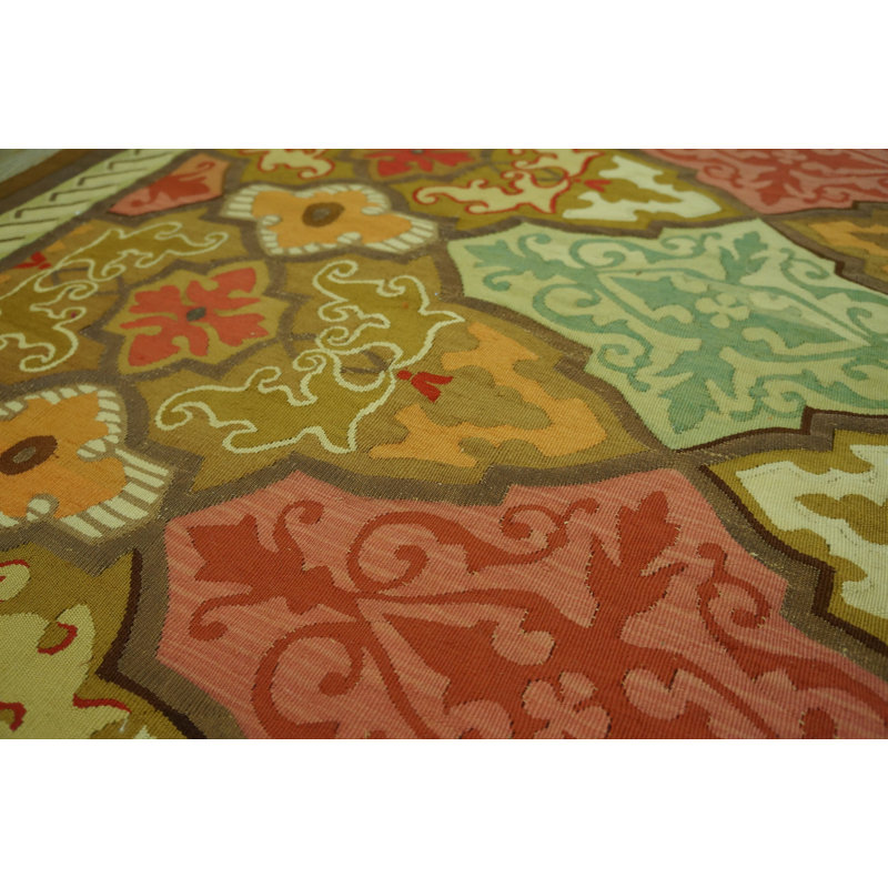 Artistic Antique Geometric Pattern Square Shape French Aubusson Flat Weave Rug