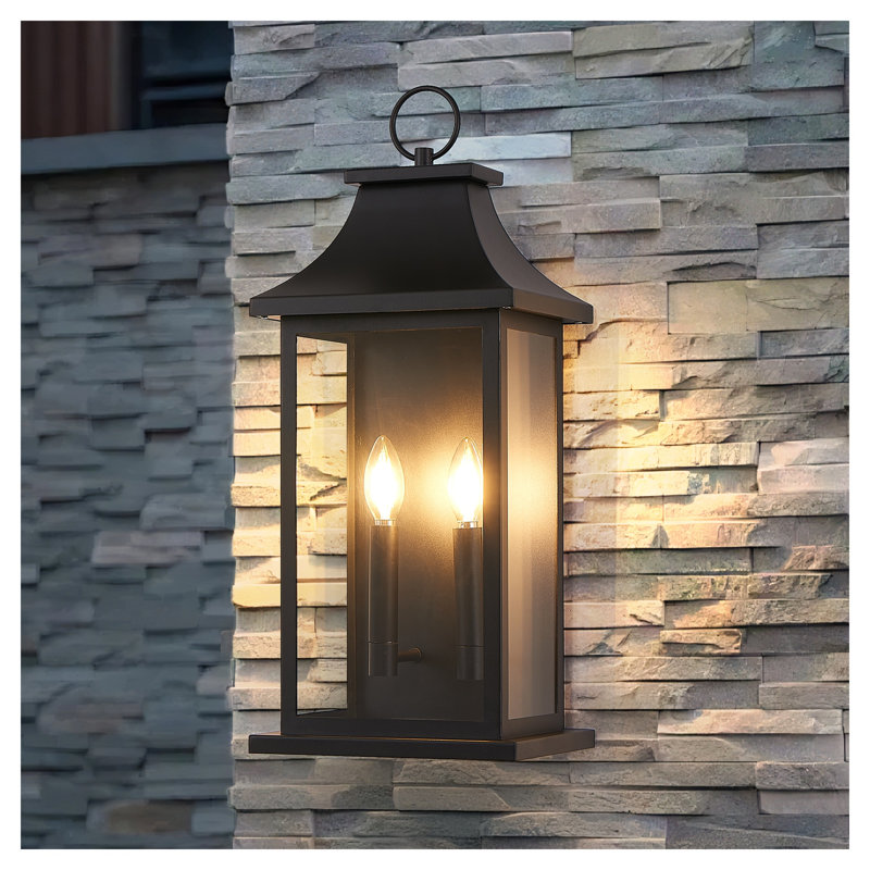 Large 22" Outdoor Wall Lantern, Modern Black Exterior Sconce with Glass Panels, Waterproof 2-Light Fixture for Porch & Entryway