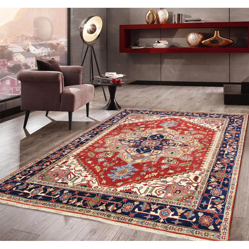 Serapi Hand Knotted Wool Oriental Area Rug, Rectangle 9' x 12', Red/Navy/Cream