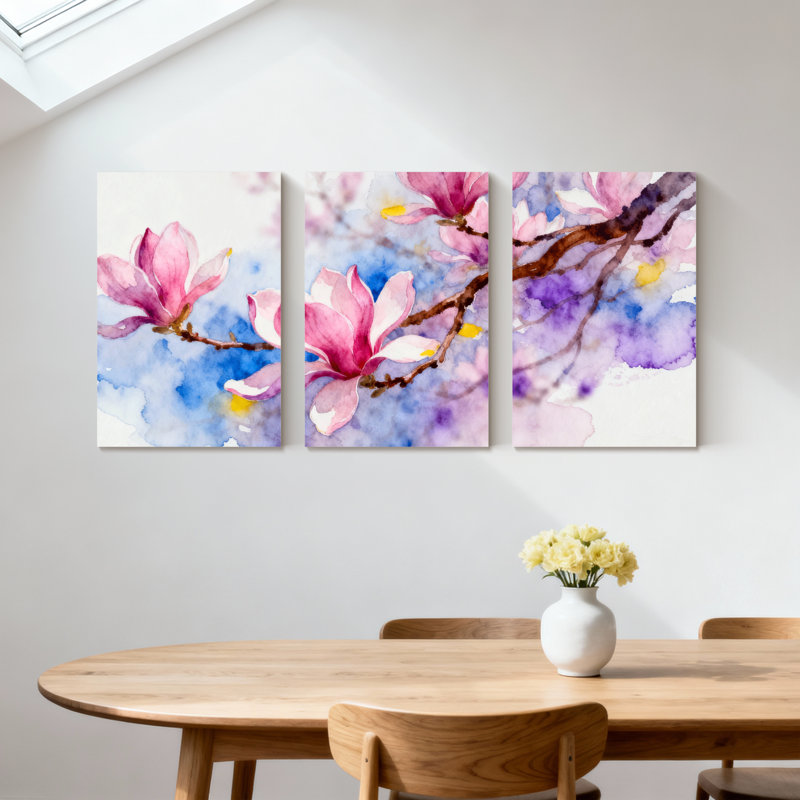 «Magnolia Pink Magnolia Blossoms on Branch», ensemble de 3 impressions sur toile, H 30 po x l 60 po