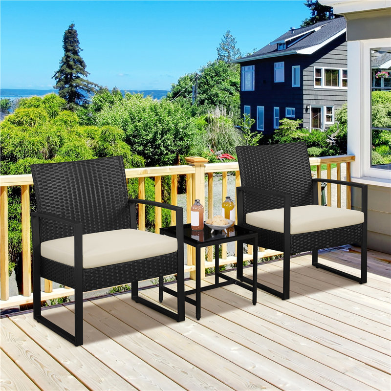 2 Seater Rattan Conversation Set, Black/Beige