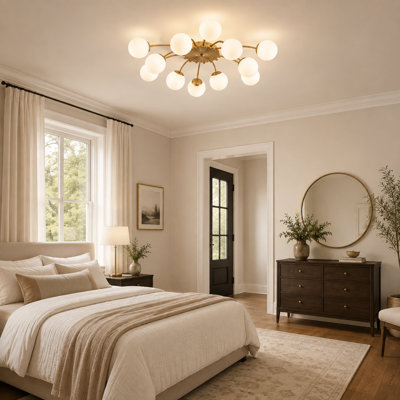 40" Gold 12-Light Sputnik Semi-Flush Ceiling Light with Cream White Glass Globes