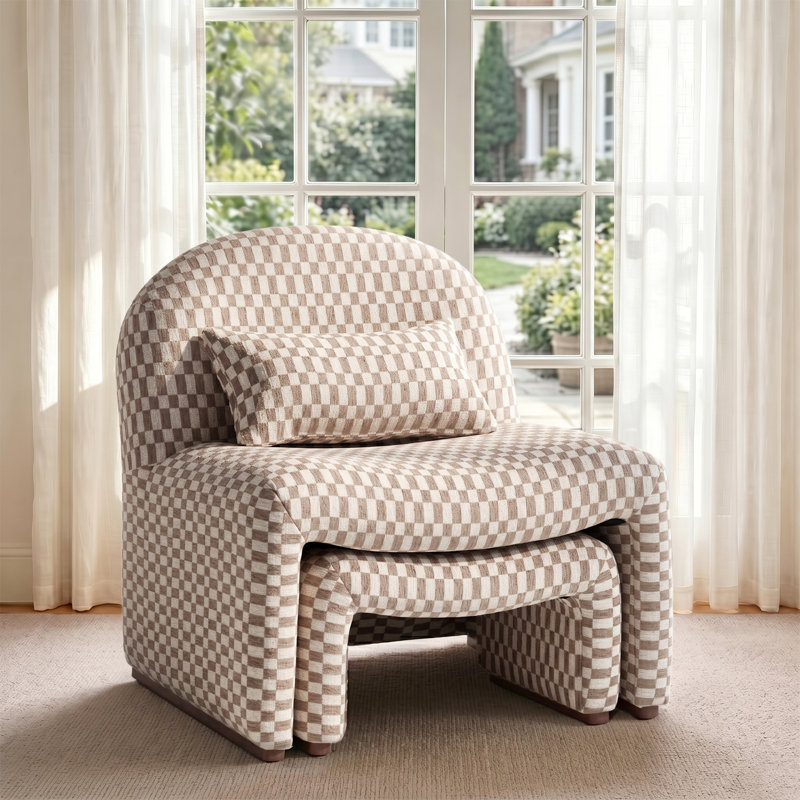 Fauteuil demi-tonneau rembourré avec repose-pieds avec coussin lombaire, Checkered, Brown
