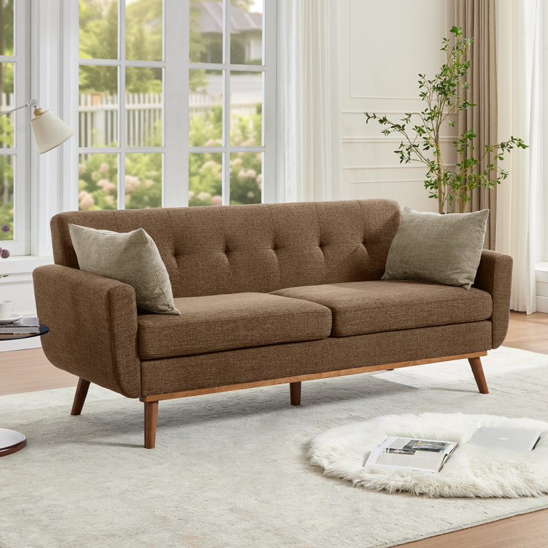 Cattaleya 78" Mid Century Modern Linen Upholstered Square Arms Sofa, Brown