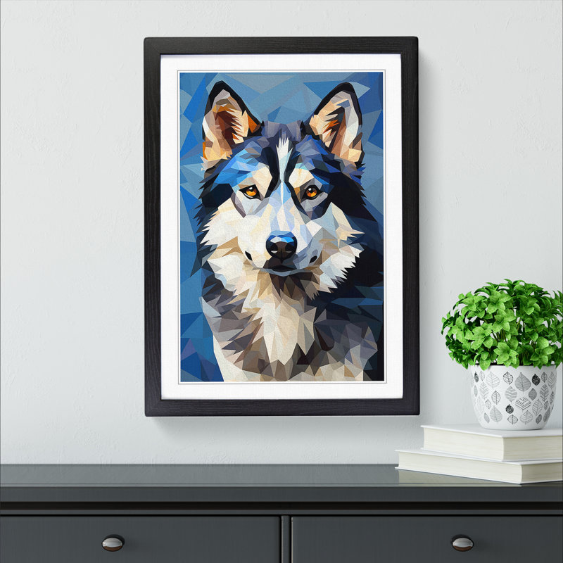 Husky Cubism - Single Picture Frame Print on Wood, 46cm H x 34cm W x 2cm D, Black