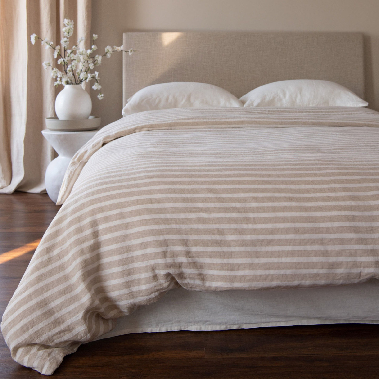 100% French Linen Duvet Cover, Twin Duvet Cover, Putty/Cream Stripe
