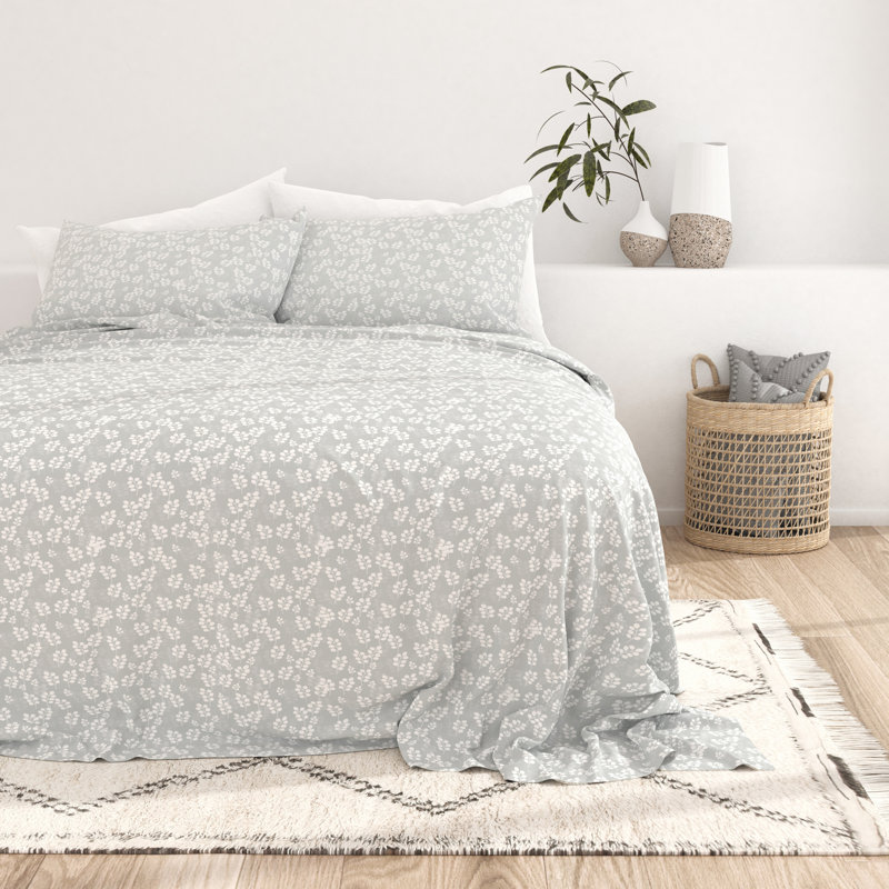 Gray Floral Print Microfiber Full Sheet Set
