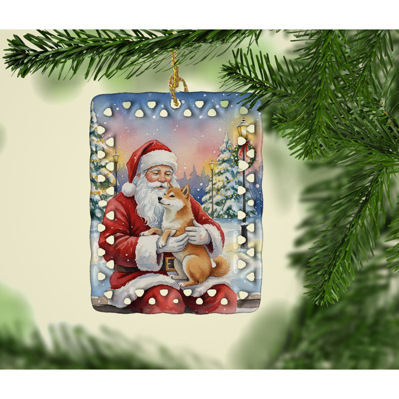 Ornement en porcelaine Shiba Inu avec le Père Noël, Shiba Inu