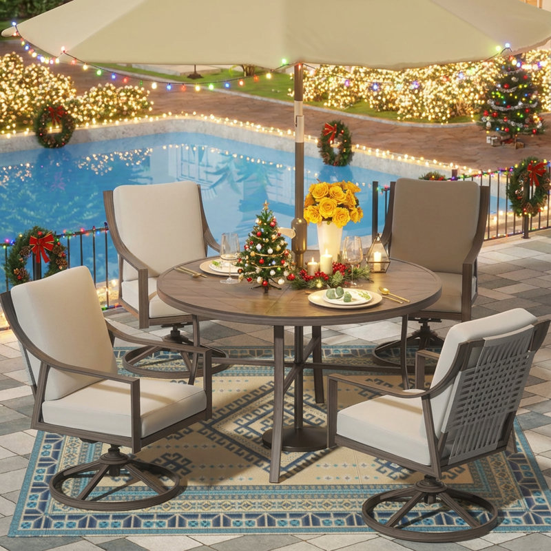 Dester Round 4 - Person Dining Set with 4 Swivel&Rocking Chair and Cushions, Gray Cushion/Gray Frame