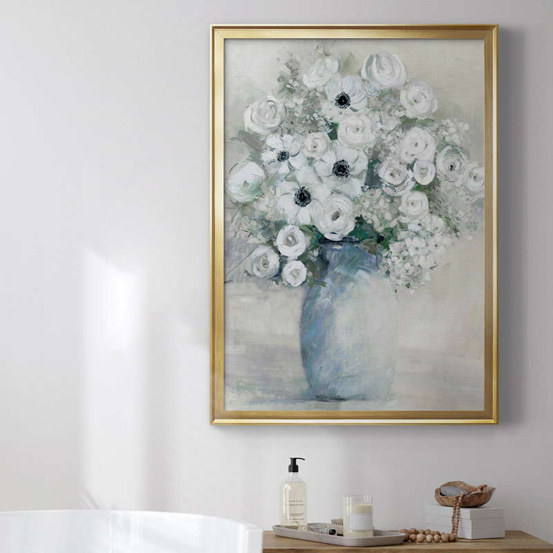 Bouquet d'anémones blanches par - Peinture sur, Or, H 36,5 po x l 26,5 po x P 1 po