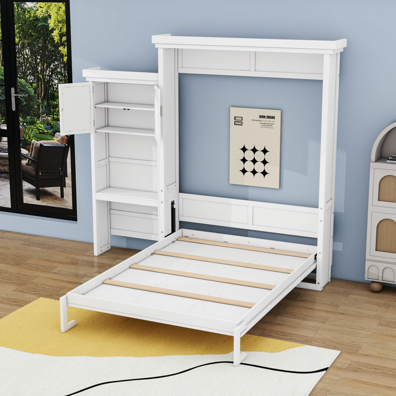 Grand lit escamotable en bois avec tablettes et lattes, Blanc