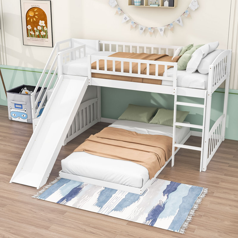 Lits simples superposés en L en bois avec glissière et rangement, Blanc