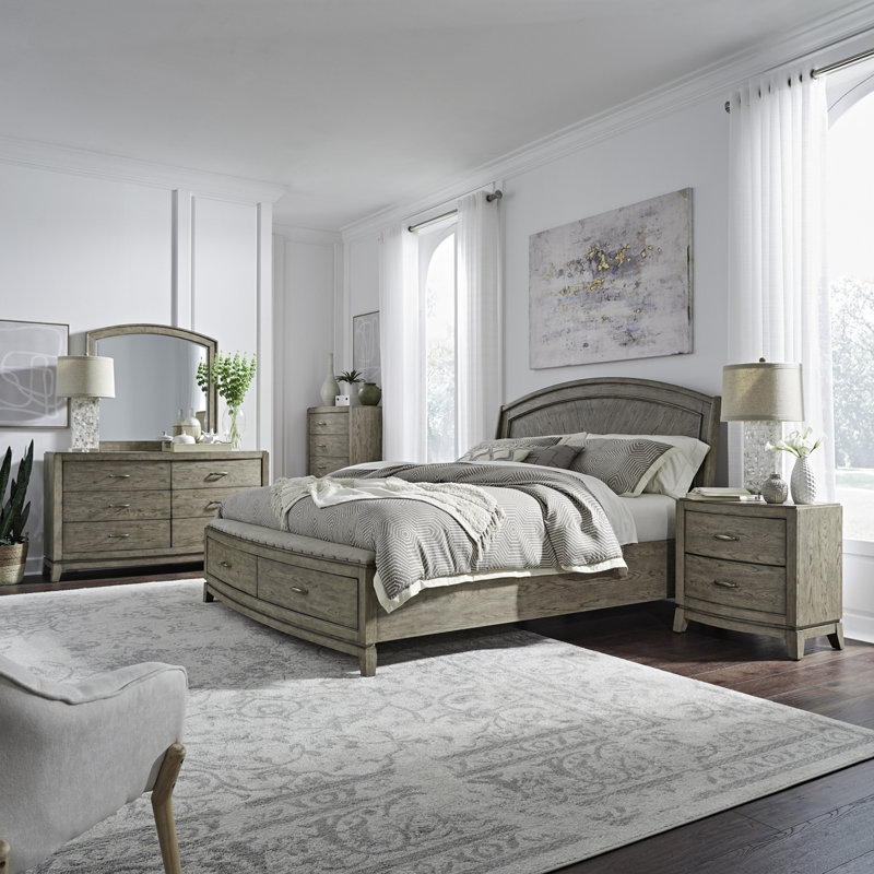 Ensemble de chambre à coucher avec lit de rangement, commode et miroir, commode et deux tables de chevet Drelan, Grand
