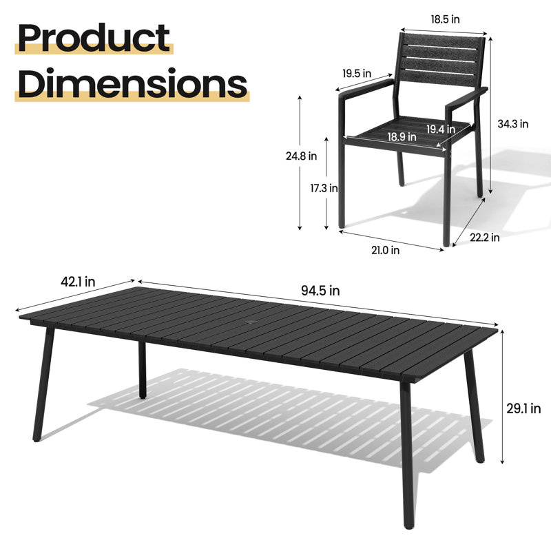 Cyanni 10 - Person Rectangular Outdoor Dining Set with Umbrella Hole, Black