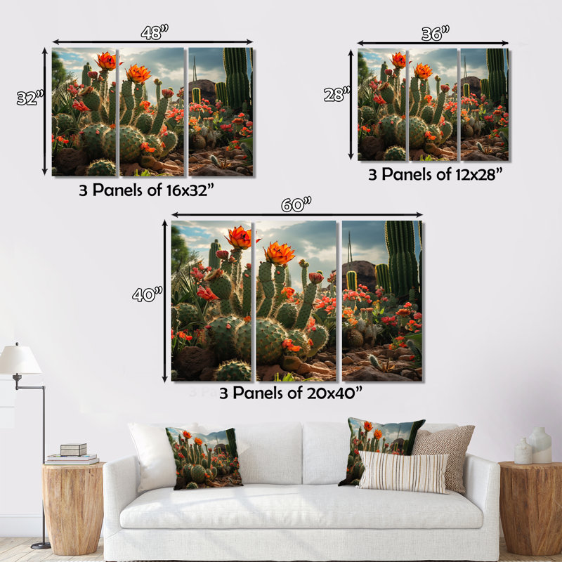 Cactus vert corail II sur toile, reproduction de 3 pièces, H 40 po x l 60 po x P 1 po