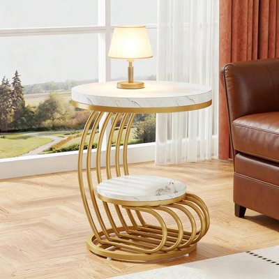 Table d'appoint ronde à 2 niveaux, table de chevet en faux marbre avec cadre en métal doré incurvé, table de chevet moderne pour salon ou chambre à coucher