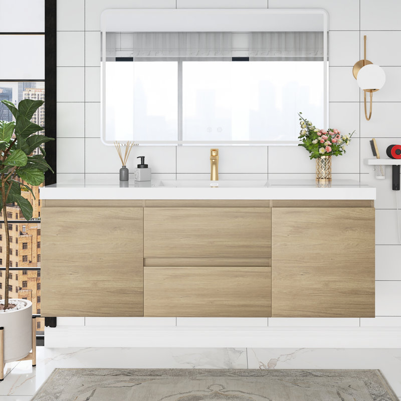 Meuble-lavabo mural simple 60 po avec plateau en résine Leeara, Chêne naturel
