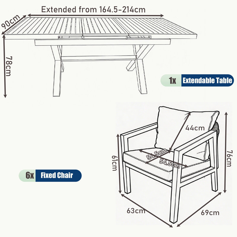 Aluminum Garden Furniture Set Natural, Expandable Dining Table and 6 Seat