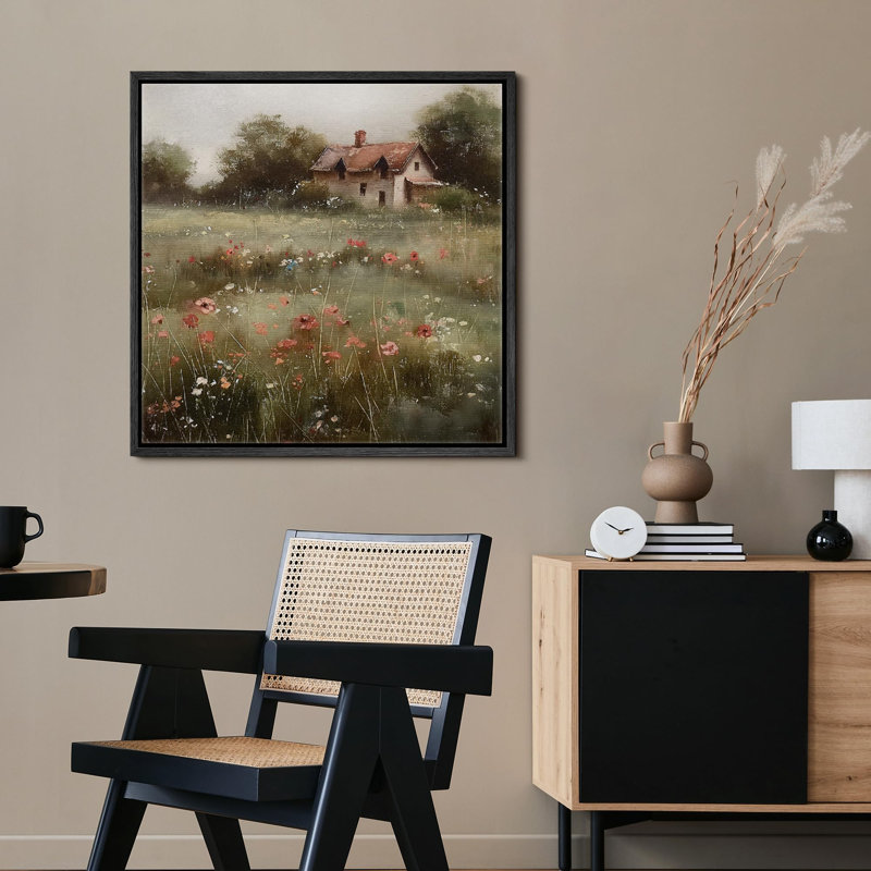 Wildflowers " Vintage Pastoral Solitude Cottage Amidst Wildflowers Illustrations Rustic French Country ", 24" H x 24" W