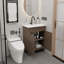 A 30-Inch Brown Bathroom Cabinet With A Slatted Horizontal Pattern Door, Paired With A White Ceramic Basin, Features A Modern Design That Is Both Waterproof And Durable