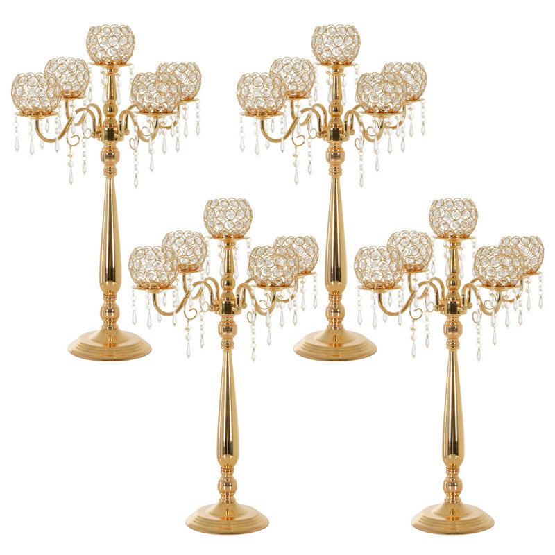 5 Arm Crystal Candelabra Centerpieces For Wedding Tables,29.5 Inches Tall, Gold, 4