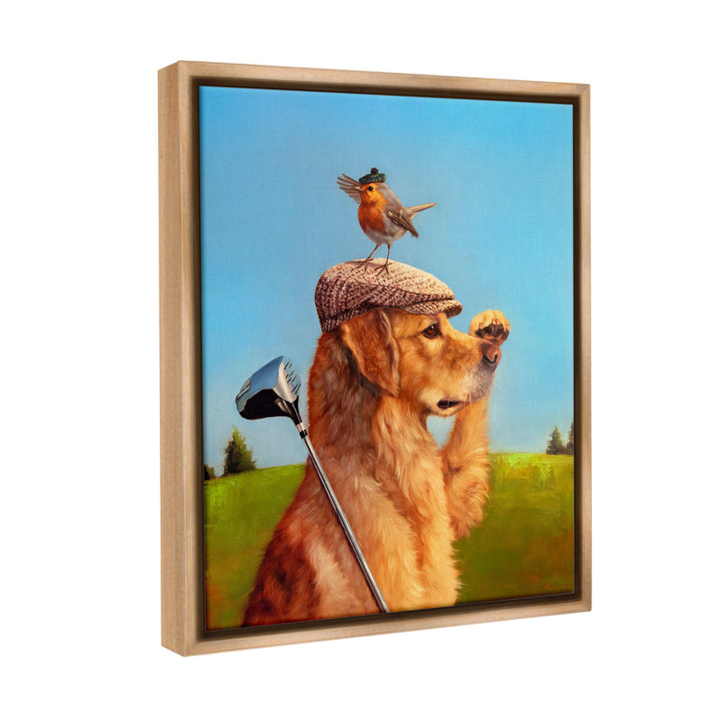 «Bird and Dog Golfing» par Lucia Heffernan sur, Cadre flottant orme Montalcino, H 31 po x l 25 po