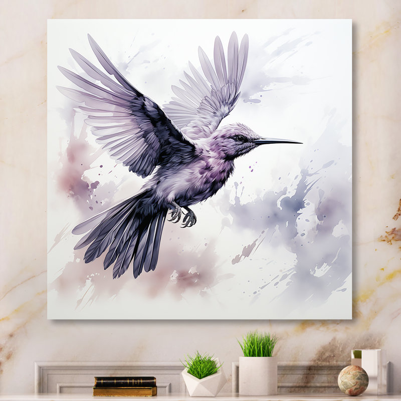 Grey Fluttering Hummingbird Blooms IV - Hummingbird Animal Wall Art, Wrapped Canvas, 16" H x 16" W x 1" D