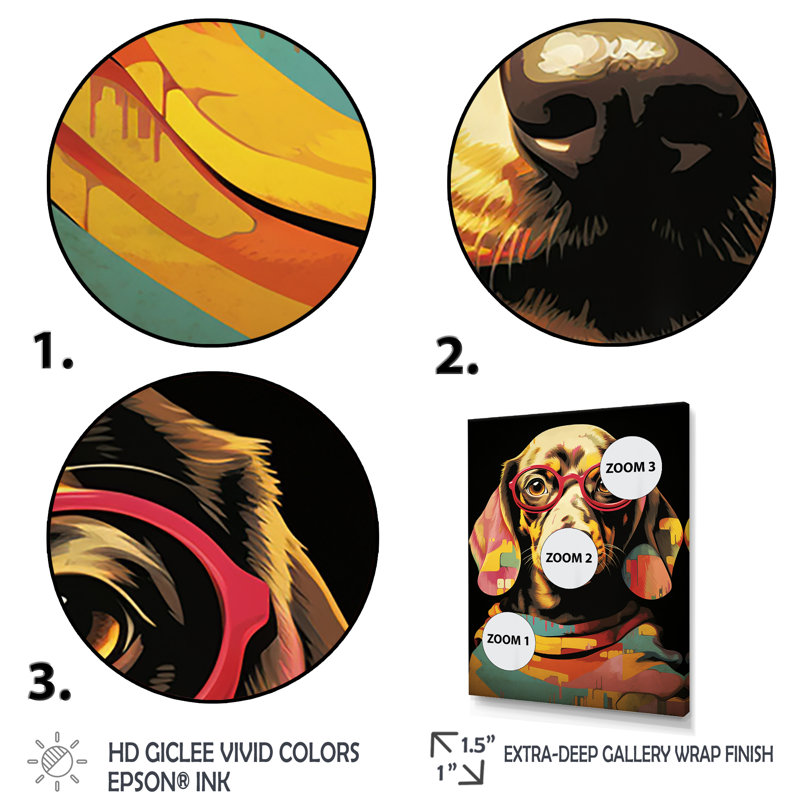 «Curious Popart Daschund Dog II», art mural chien, Cadre simple noir, H 40 po x l 30 po x P 1,5 po