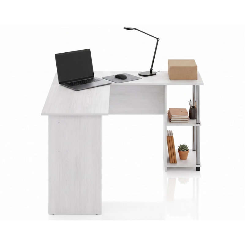 L-Shaped Stainless Steel Computer Desk, White/Silver
