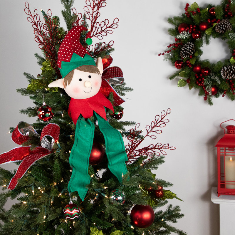 Décoration pour sommet de sapin de Noël en peluche rouge et vert 16 po non éclairé