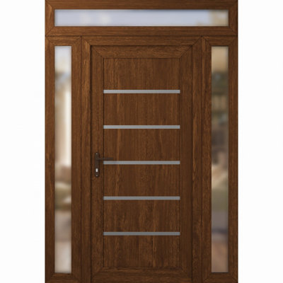 Front Exterior Prehung uPVC Metal-Plastic Door Manux 8415 Walnut 2 Side and Top Sidelite Transom Office Commercial and Residential Doors Entrance Patio Garage 68 x 94 (W16+36+16 x H80+14) Right hand Inswing