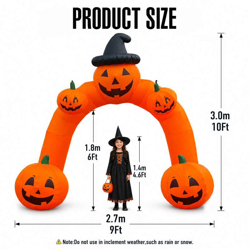 Arche gonflable d'Halloween de 3 mètres avec lumière DEL intégrée, arche citrouille gonflable pour la décoration de jardin d'Halloween