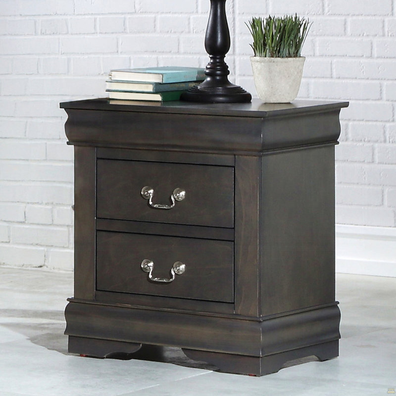 Table de chevet en pin massif avec 2 tiroirs, gris foncé