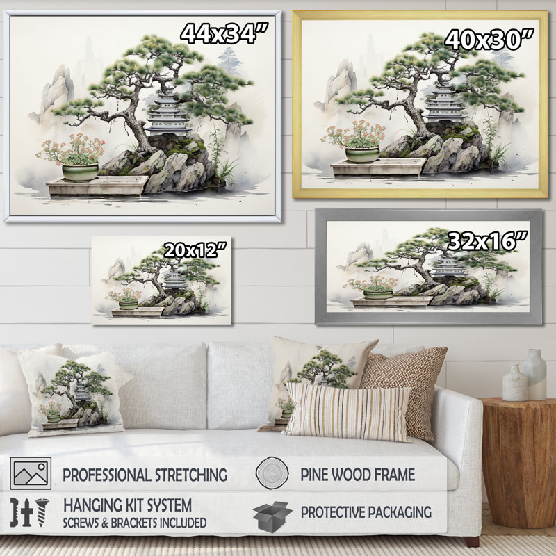 Japon Art Meditative Green Bonsai I - Japan Art Canvas Prints, H 12 po x l 20 po x P 1 po, Cadre doré à une seule photo