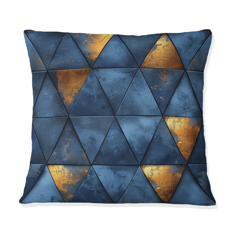 Blue Gold Modern Glam Triangles I - Coussin décoratif moderne, H 18 po x l 18 po