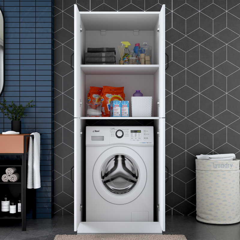 Latitude Run® Modern Washing Machine Cabinet, White, 27.6 x 71.5 x 28.5 inches | 100% Melamine Coated E1 Quality Chipboard, Numerous Shelves, Wall-Mountable | Sleek & Functional Storage Solution for Laundry Rooms
