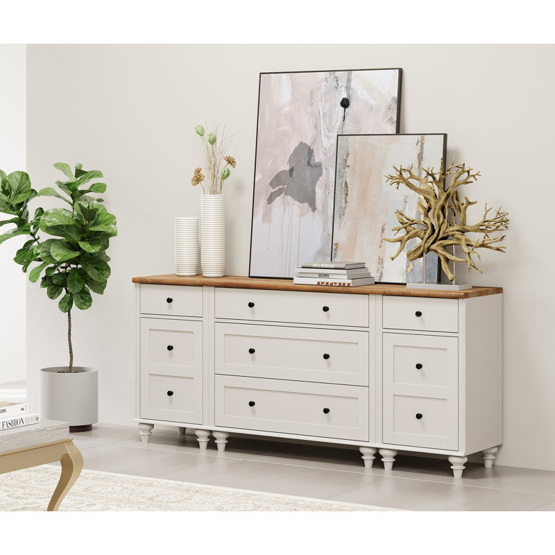 Meuble télé moderne avec rangement à 5 tiroirs et 2 portes pour salon ou chambre à coucher de 67 po Modern, Blanc / Chêne