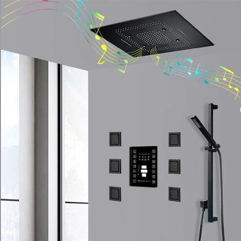 Livorno 23x31 Matte Black Remote Controlled LED Thermostatic Shower System with Music Rainfall