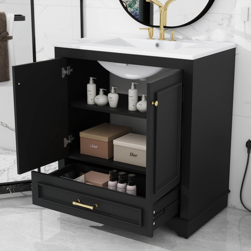 Meuble-lavabo de salle de bain avec lavabo 30 po avec accents dorés, tiroir inférieur, portes à fermeture douce, structure en bois massif