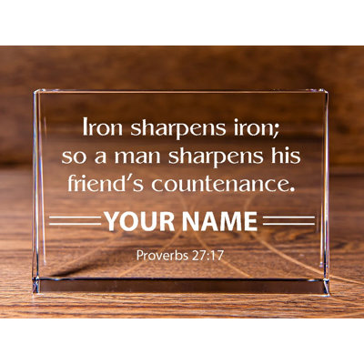 Jerriana Personalized Christian: Proverbs 27:17 Iron Sharpens Iron Landscape Cut Wedge Crystal - Unique Religious Gift