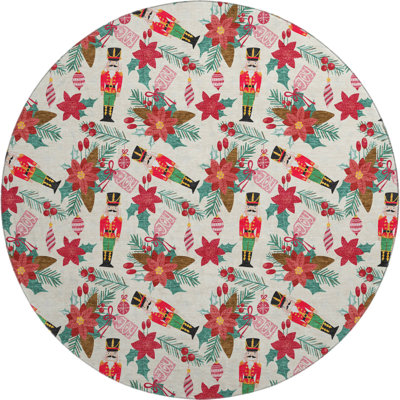 Premium Machine Washable Dockside AMF1822 Nutcracker and Poinsettia Rug