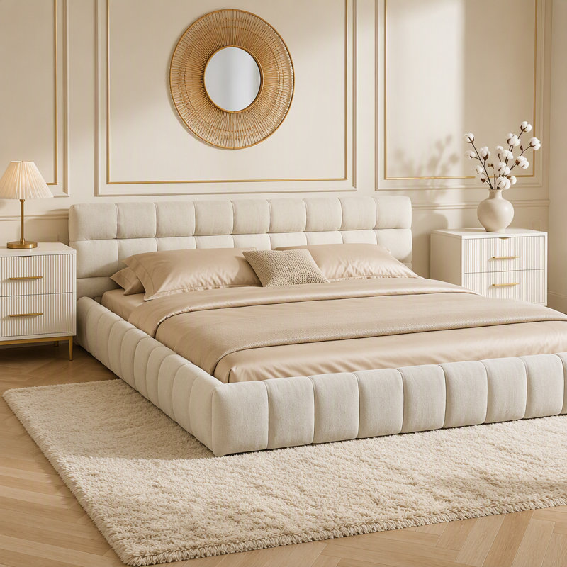 Cadre de lit rembourré en tissu chenille épais, lit plateforme avec tête de lit et cadre solide, aucun sommier requis pour une installation facile