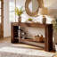 Console en bois massif de 63 po, table de ferme rustique avec tablette de rangement ouverte, table d'entrée pour le salon, couloir, brun