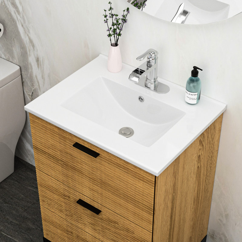 Dessus de meuble-lavabo blanc en céramique 24 po x 18 po avec trou de trop-plein - teinture, faible absorption d'eau, surface polie rectangulaire en débordement, élégance simple